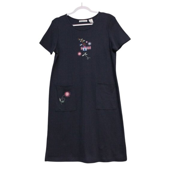 NWT Vintage Midi Dress Medium Navy Embroidered Bird Cottagecore Grandma Casual - Picture 1 of 11